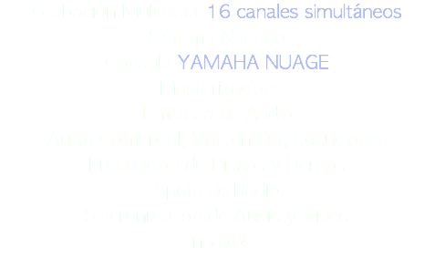 Grabación Multipista 16 canales simultáneos
Sistema Nuendo
Consola YAMAHA NUAGE
Masterización
Limpieza de Audio
Audio Comercial, Voz en Off, Locuciones
Producción de Discos y Demos
Spots de Radio
Sincronización de Audio y Video
Ensayos